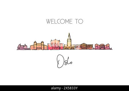 Un dessin à la ligne de l'horizon de la ville d'Oslo, Norvège. Carte postale de paysage de ville historique du monde. Meilleure destination de vacances. Trait modifiable tendance Illustration de Vecteur