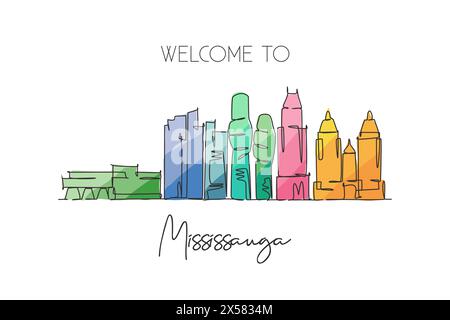 Une seule ligne dessinant Mississauga City skyline Canada. Paysage de ville historique du monde. Meilleur endroit destination de vacances maison décoration murale impression affiche. Illustration de Vecteur