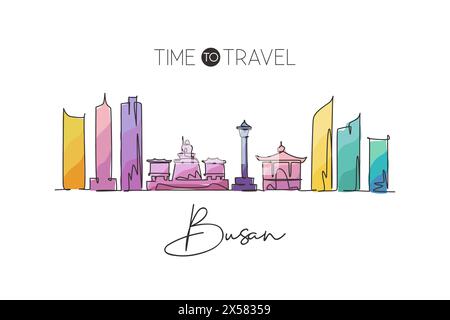 Une ligne continue dessinant l'horizon de la ville de Busan, Corée du Sud. Belle carte postale de point de repère. Tourisme de paysage mondial voyage vacances. Style modifiable Illustration de Vecteur