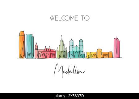 Un dessin à la ligne de Medellin City skyline, Colombie. Paysage de ville historique du monde. Meilleure destination de vacances. Trait modifiable Trendy Co Illustration de Vecteur