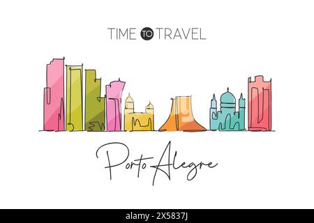 Un dessin au trait continu de l'horizon de la ville de Porto Alegre, Brésil. Magnifique point de repère. Tourisme de paysage mondial et vacances de voyage. Style modifiable Illustration de Vecteur