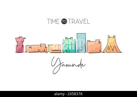 Un dessin au trait continu de Yaoundé City skyline, Cameroun. Magnifique point de repère. Voyage de tourisme de paysage mondial imprimé carte postale. Str. Élégante modifiable Illustration de Vecteur