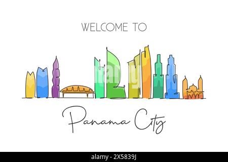 Un dessin à la ligne de Panama City skyline, Panama. Paysage de ville historique du monde. Meilleur endroit destination de vacances carte postale. Trait modifiable tren Illustration de Vecteur