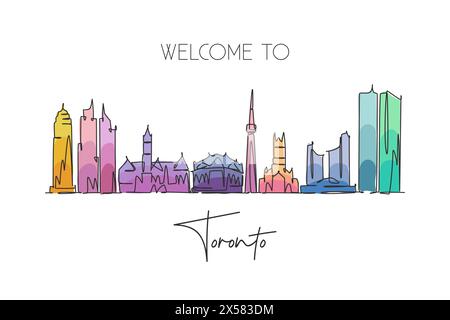 Un dessin au trait continu de l'horizon de la ville de Toronto, Canada. Belle carte postale de point de repère. Tourisme de paysage mondial voyage vacances. Style modifiable Illustration de Vecteur