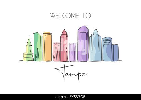 Dessin au trait continu unique de l'horizon de la ville de Tampa, États-Unis. Célèbre grattoir de ville et paysage. World Travel concept Home Wall Decor poster imprimé M Illustration de Vecteur
