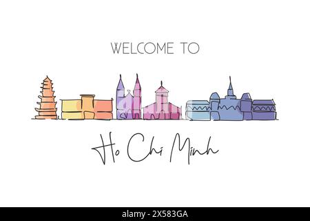 Dessin d'une ligne continue simple Ho Chi Minh skyline, Vietnam. Célèbre paysage de grattoir de ville. Carte postale de concept de destination de voyage du monde. Contour modifiable Illustration de Vecteur