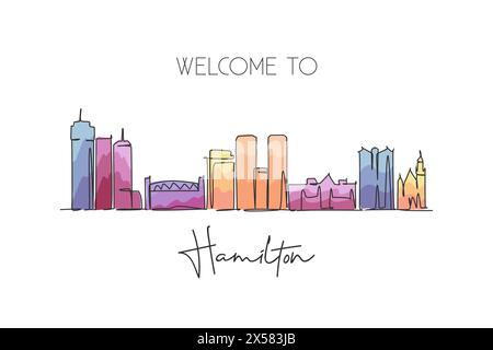 Dessin en ligne continue unique Hamilton skyline, Canada. Célèbre paysage de grattoir de ville. Concept d'impression de carte postale de destination de voyage du monde. Stro modifiable Illustration de Vecteur