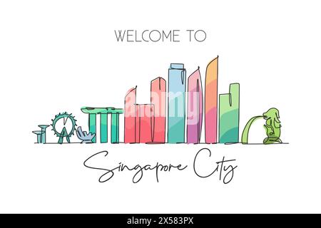 Dessin en ligne continue unique de l'horizon de Singapour. Célèbre grattoir de ville et paysage. World Travel concept Home Decor mur print poster optimisé Mo Illustration de Vecteur