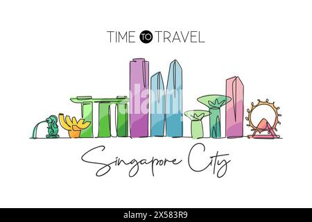 Un dessin au trait continu de la ville de Singapour. Magnifique point de repère. Tourisme de paysage mondial et impression d'affiche de vacances de voyage. Style modifiable Illustration de Vecteur