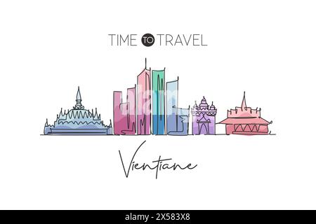 Une seule ligne dessinant l'horizon de la ville de Vientiane, Laos. Carte postale de paysage de ville historique du monde. Meilleure destination de vacances. Trait modifiable tendance Illustration de Vecteur