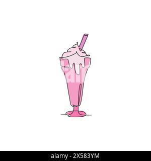 Un dessin simple ligne de milkshake doux frais avec illustration vectorielle de logo de bâton de gaufrette. Menu de café de la boutique de boissons et concept de badge de restaurant. Moderne Illustration de Vecteur