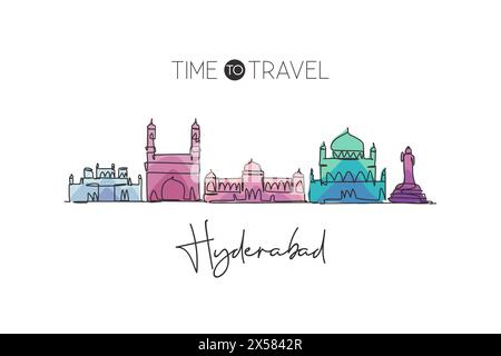 Une seule ligne dessinant les gratte-ciel de Hyderabad, Inde. Paysage de ville historique dans le monde. Meilleure destination de vacances. Trait modifiable tendance continue Illustration de Vecteur