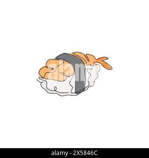 Un dessin simple ligne de l'illustration vectorielle de logo de barre de sushi nigiri japonais frais. Menu de café de cuisine japonaise fraîche et concept de badge de restaurant. Moderne c Illustration de Vecteur