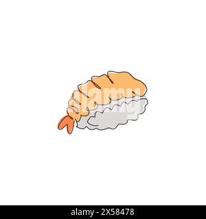 Une seule ligne dessinant frais japonais nigiri sushi bar logo illustration graphique vectorielle. Menu de café de fruits de mer japonais et concept de badge de restaurant. Moder Illustration de Vecteur