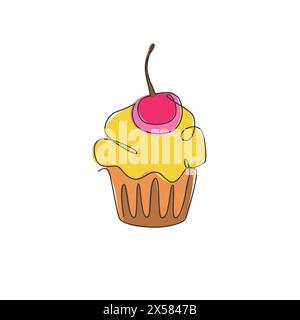 Un dessin simple ligne de muffin frais avec illustration vectorielle de logo de boutique en ligne de gâteau de cerise. Menu de café de pâtisserie sucrée et concept de badge de restaurant. Mo Illustration de Vecteur