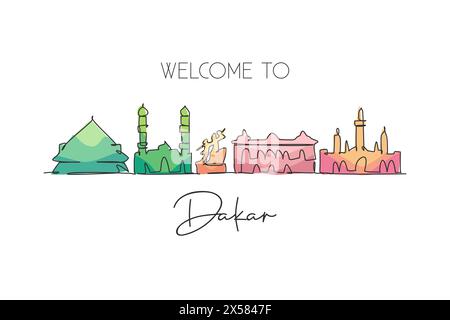 Ligne continue unique dessinant l'horizon de la ville de Dakar, Sénégal. Célèbre grattoir de ville et imprimé de carte postale paysage Concept de voyage mondial. Contour modifiable Illustration de Vecteur