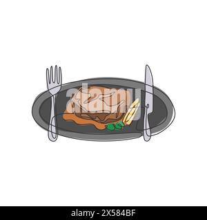 Dessin en ligne continue simple de steak de romarin stylisé sur plaque avec couteau et fourchette. Concept de logo de restaurant steak. Design moderne à une ligne vec Illustration de Vecteur