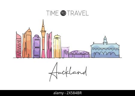 Un dessin au trait de la ville d'Auckland, Nouvelle-Zélande. Paysage de ville historique du monde. Meilleur endroit destination de vacances affiche de décoration à la maison. TREN Illustration de Vecteur