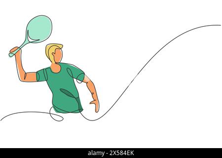 Dessin de ligne continue simple de jeune joueur de tennis agile tenir la balle de l'adversaire. Concept d'exercice sportif. Trendy une ligne dessiner vecteur de conception il Illustration de Vecteur