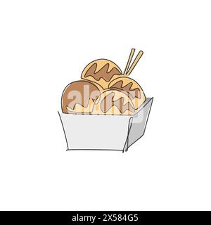 Dessin en ligne continue unique de l'étiquette stylisée du logo japonais de balle takoyaki. Concept de restaurant de fruits de mer emblématique. Vecteur de conception moderne de dessin d'une ligne il Illustration de Vecteur