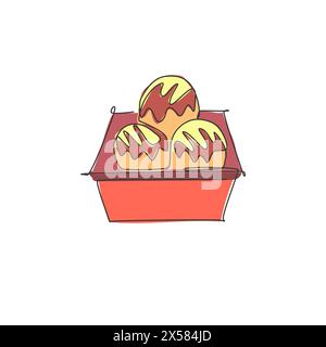 Dessin en ligne continue unique de l'étiquette stylisée du logo japonais de balle takoyaki. Concept de restaurant de fruits de mer emblématique. Vecteur de conception moderne de dessin d'une ligne il Illustration de Vecteur