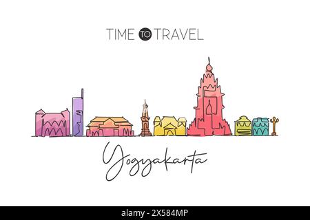 Une seule ligne dessinant les gratte-ciel de la ville de Yogyakarta en Indonésie. World Town paysage maison mur décor poster imprimé Meilleure destination de vacances. TREN Illustration de Vecteur