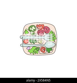 Un dessin en ligne continue de l'emblème frais du restaurant de salades délicieuses, vue de dessus. Concept de modèle de logotype de boutique de café d'aliments biologiques sains. Illustration de Vecteur
