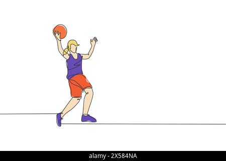 Une ligne continue dessinant une jeune joueuse de basket attraper le ballon. Concept sportif de travail d'équipe compétitif. Dessin graphique dynamique à une ligne Illustration de Vecteur