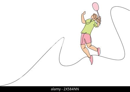 Un dessin simple ligne de jeune joueur de badminton énergique sautant et smash volante illustration vectorielle. Concept de sport sain. Continuou moderne Illustration de Vecteur