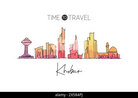 Une ligne continue dessinant Khobar City skyline, Arabie Saoudite. Magnifique imprimé affiche de décoration maison de référence. Tourisme de paysage mondial voyage vacances. St. Illustration de Vecteur