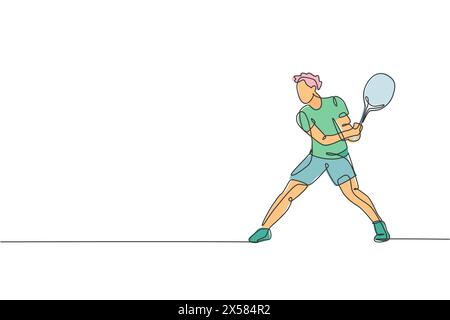 Un dessin simple ligne de jeune joueur de tennis énergique se préparer à frapper l'illustration vectorielle de balle. Concept d'entraînement sportif. Ligne continue moderne d Illustration de Vecteur