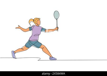 Un dessin simple ligne de la défense énergique jeune joueur de badminton pour prendre l'illustration vectorielle de coup adversaire. Concept de sport sain. Continu moderne Illustration de Vecteur