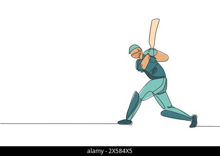 Un dessin simple ligne de jeune joueur de cricket homme énergique debout et frappant l'illustration vectorielle de balle. Concept de foire sportive. Continu moderne Illustration de Vecteur