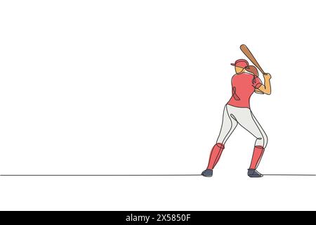 Un dessin en ligne continue de jeune femme sportive jouant au baseball pratique pour frapper la balle sur le terrain. Concept de sport compétitif. dr. Illustration de Vecteur