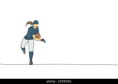 Un dessin simple ligne de jeune homme énergique joueur de baseball pratique pour lancer l'illustration vectorielle de balle. Concept d'entraînement sportif. Continuo moderne Illustration de Vecteur