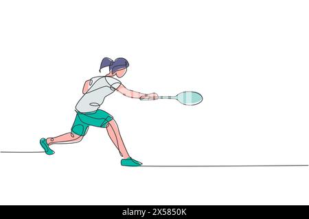 Un dessin d'une seule ligne de jeune joueur de badminton énergique prenez l'illustration vectorielle graphique à succès de l'adversaire. Concept de sport sain. Continu moderne Illustration de Vecteur