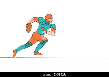 Une ligne continue dessinant un joueur de football américain sportif qui court vite pour atteindre la ligne de but pour l'affiche de compétition. Concept de travail d'équipe sportif. Dynamique si Illustration de Vecteur