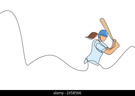 Un dessin en ligne continue de jeune femme sportive joueuse de baseball train pour frapper la balle. Concept de sport compétitif. Conception de dessin dynamique à une ligne Illustration de Vecteur