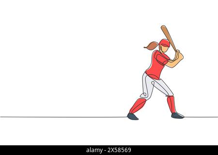 Un dessin simple ligne de la jeune femme énergique pratique de joueur de baseball pour frapper l'illustration vectorielle de balle. Concept d'entraînement sportif. Continuo moderne Illustration de Vecteur