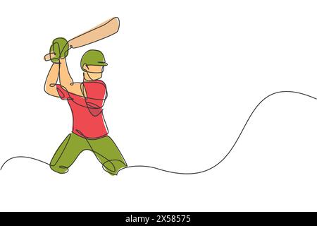 Dessin en ligne continue simple du jeune joueur de cricket homme agile debout et prêt à frapper illustration vectorielle de balle. Concept d'exercice sportif. Tendance Illustration de Vecteur