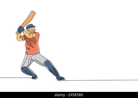 Un dessin en ligne continue de jeune homme joueur de cricket debout prêt à recevoir la balle de l'illustration vectorielle de lanceur. Concept de sport compétitif. Si Illustration de Vecteur