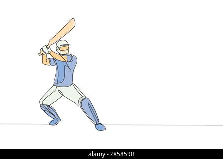 Dessin en ligne continue simple du jeune joueur de cricket homme agile debout et prêt à frapper l'illustration vectorielle de balle. Concept d'exercice sportif. Tendance Illustration de Vecteur