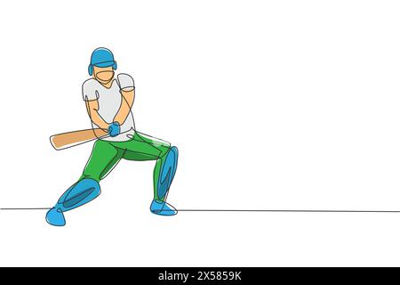 Dessin en ligne continue simple du jeune joueur de cricket homme agile prêt à frapper l'illustration vectorielle de balle. Concept d'exercice sportif. Tendance Illustration de Vecteur