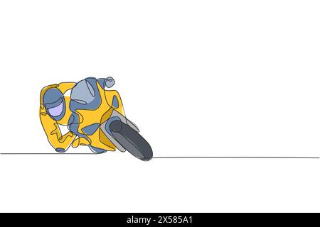 Un dessin simple de la pratique jeune motard penchant dans un coin rapide à l'illustration vectorielle de piste de course. Concept de course Superbike. Continuou moderne Illustration de Vecteur