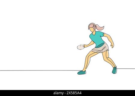 Dessin de ligne continue simple de jeune femme agile joueur de tennis de table tenir la balle. Concept d'exercice sportif. Trendy une ligne dessiner vecteur de conception illu Illustration de Vecteur