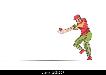 Un dessin de ligne continue de jeune homme heureux joueur de cricket se concentrer pour frapper l'illustration vectorielle dure de balle. Concept de sport compétitif. Singl. Dynamique Illustration de Vecteur