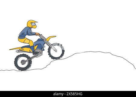 Un dessin de ligne continue de jeunes motocross motocross mob monticule de terre sur la piste de course. Concept de sport extrême. Vecteur de dessin de ligne unique dynamique Illustration de Vecteur