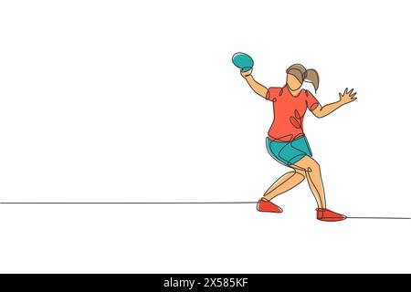 Un dessin en ligne continue de jeune femme sportive joueuse de tennis de table a frappé la balle. Concept de sport compétitif. Vecteur graphique de conception de dessin de ligne unique Illustration de Vecteur