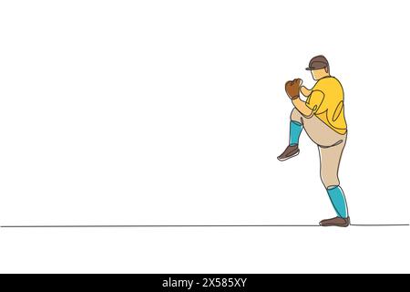 Un dessin en ligne continue de la pratique du lanceur de baseball d'un jeune homme sportif pour frapper la balle. Concept de sport compétitif. Dessin dynamique à une ligne Illustration de Vecteur
