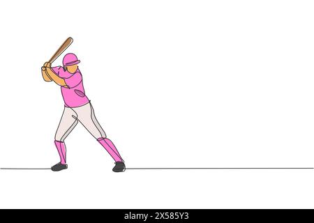 Dessin en ligne continue unique de jeune joueur de baseball homme agile prêt à frapper la balle. Concept d'exercice sportif. Design graphique Trendy One Line Draw v Illustration de Vecteur